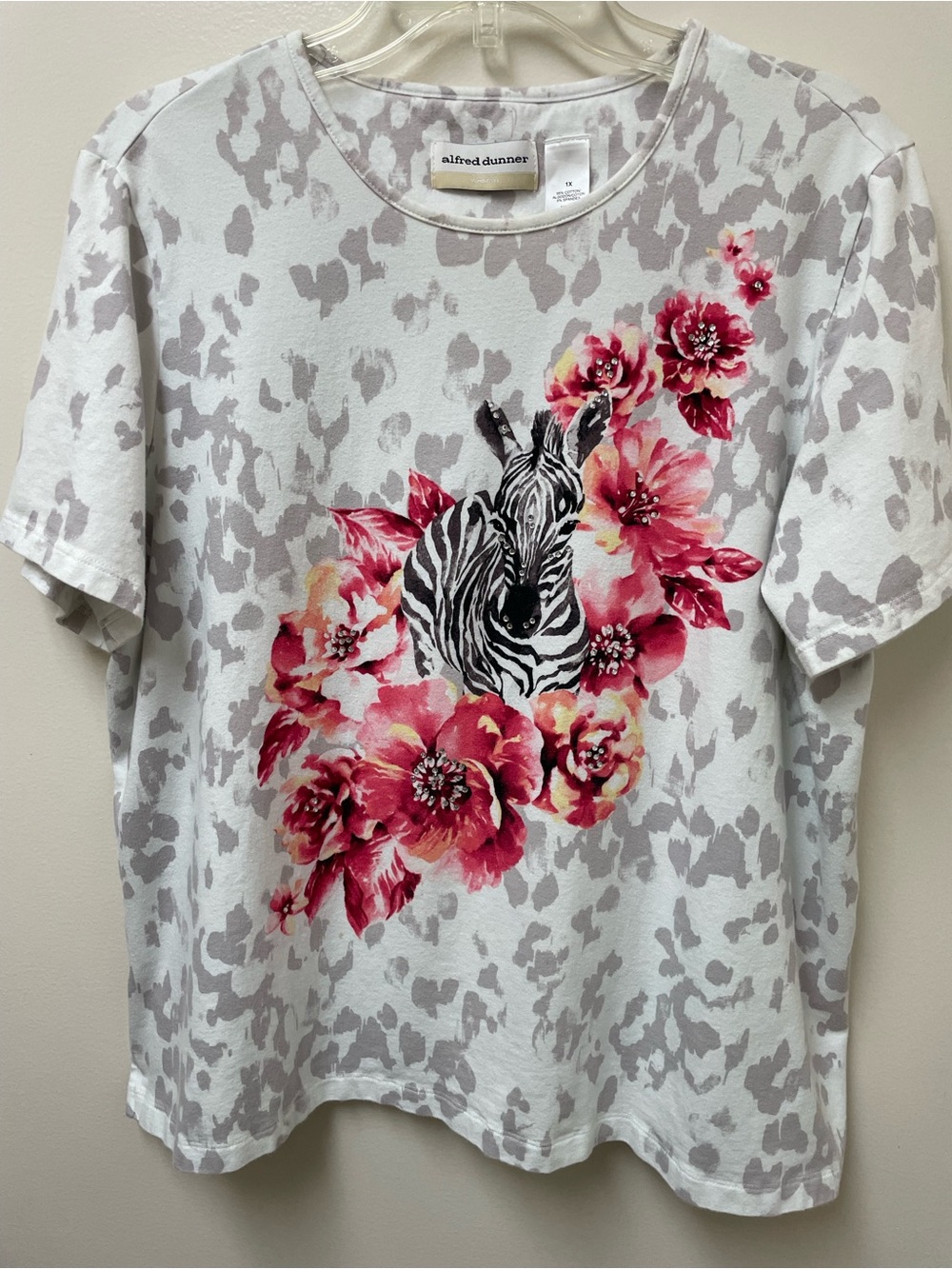 Alfred Dunner White Tee with Pink Floral & Zebra Motif